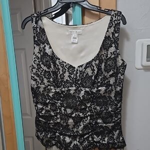 White House Black Market Cream and Black Ruched Tank Top